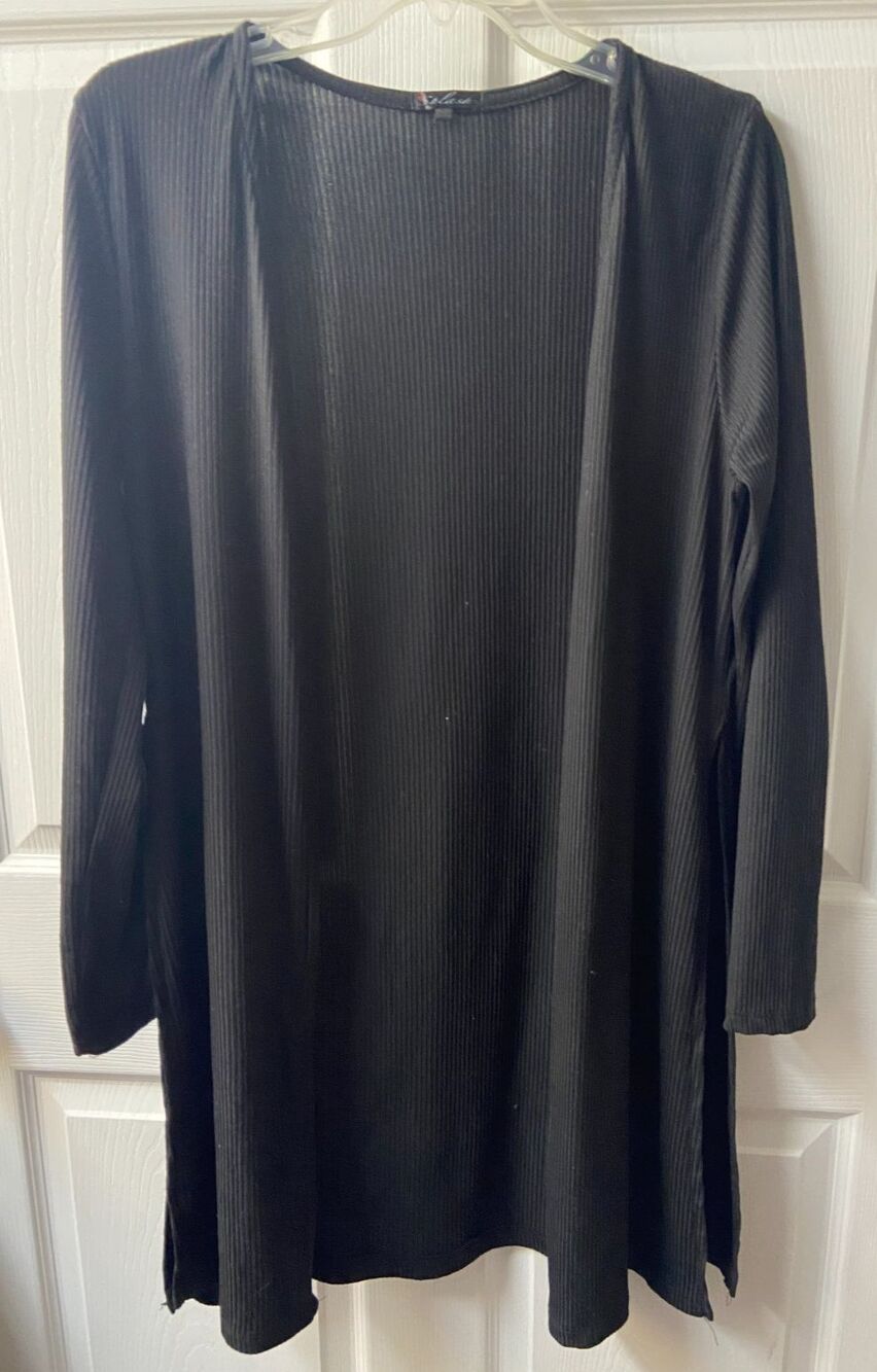 Splash Open Front Cardigan Womens Large Black Side Slits Ribbed Long Sleeved